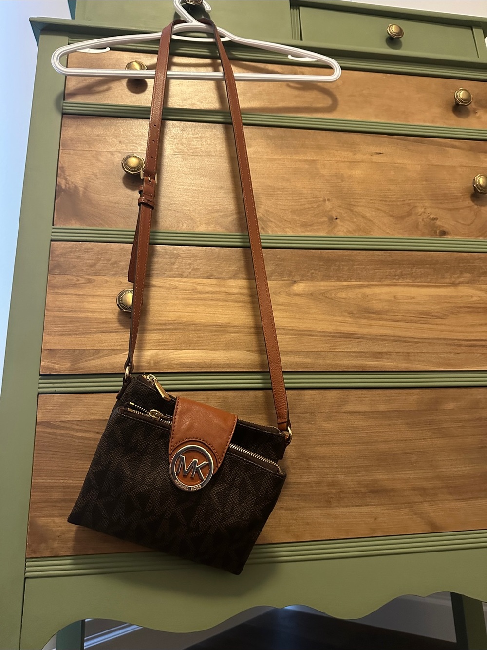 Michael Kors Brown and Tan MK Logo Crossbody Bag